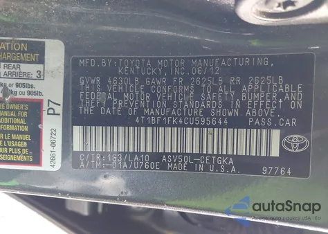 2012 Toyota Camry Xle z USA, uszkodzony, nr VIN 4T1BF1FK4CU595644
